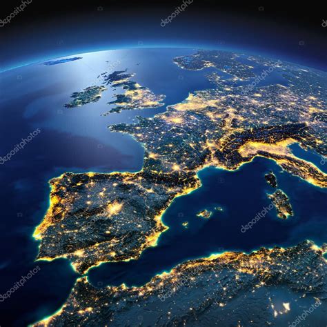 Detailed Earth Spain And The Mediterranean Sea On A Moonlit Nig Stock