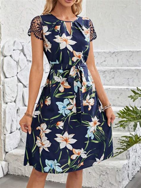 SHEIN Clasi Floral Print Contrast Guipure Lace Belted Dress SHEIN USA