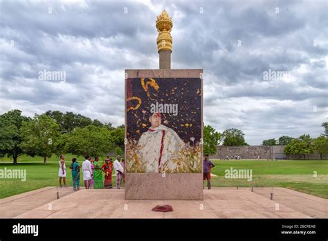 Sriperumbudur, India - August 19, 2018: The stone mural at the spot of Rajiv Gandhi death at ...