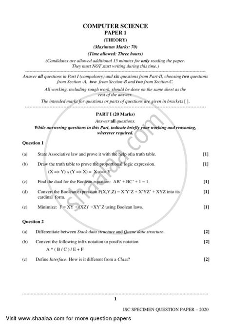 Computer Science Theory 2019 2020 Isc Commerce Class 12 Set 1 Question Paper With Pdf