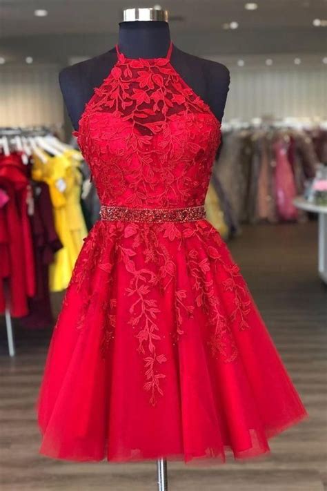 Halter Short Red Homecoming Dress With Lace Appliques And Beaded Red