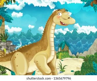 Cartoon Scene Dinosaur Diplodocus Apatosaurus Jungle Stock Illustration