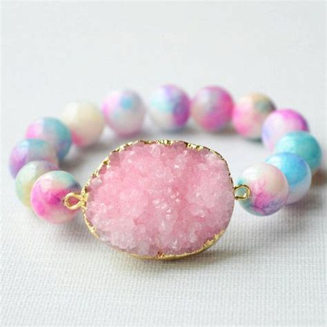 Pink Druzy Bracelet Agate Stretch Bracelet With Multicolored Jade Beads