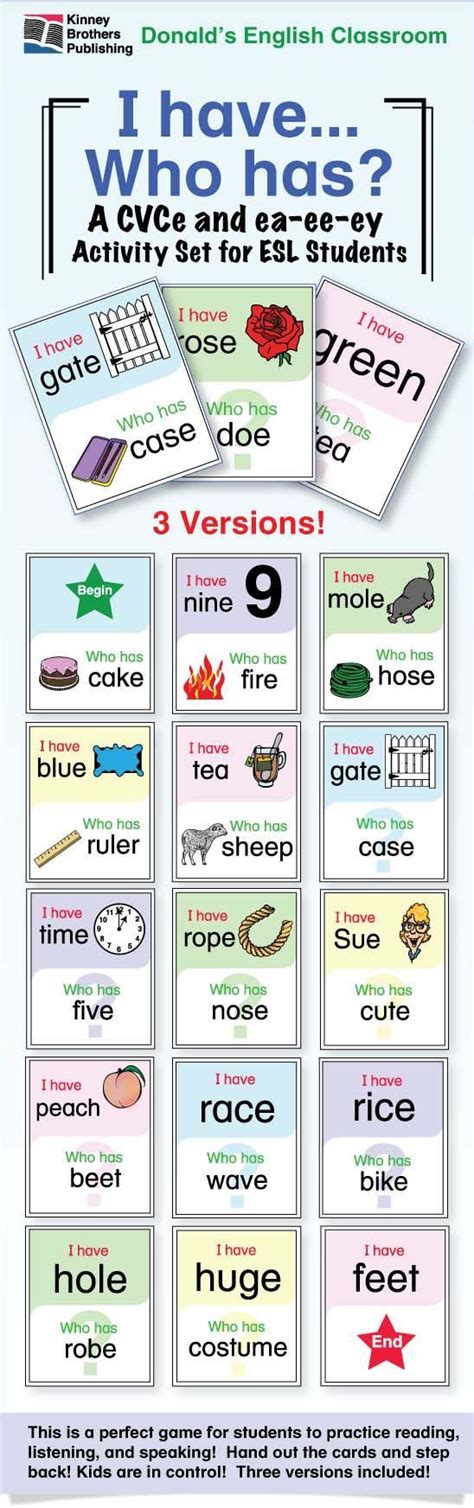 Cvce Word I Have Who Has Activity Set Long Vowels Esl Ell Newcomer Game Cvc Words Teaching Esl