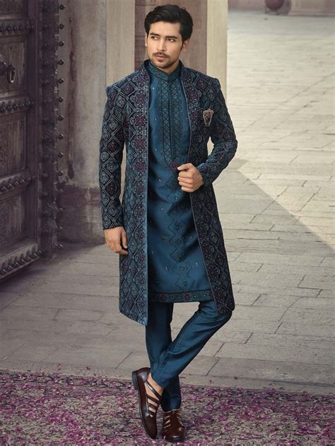 Buy Blue Embroidered Jacketed Indo Western Sherwanimens Wedding Online