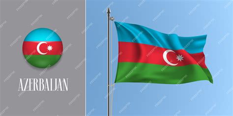Развевающийся флаг азербайджана на флагштоке и круглый значок ...