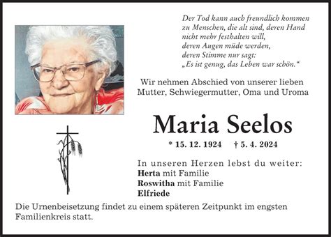 Traueranzeigen Von Maria Seelos Augsburger Allgemeine Zeitung