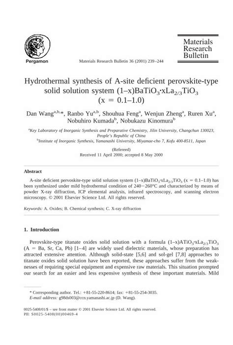 Pdf Hydrothermal Synthesis Of A Site Deficient Perovskite Type Solid