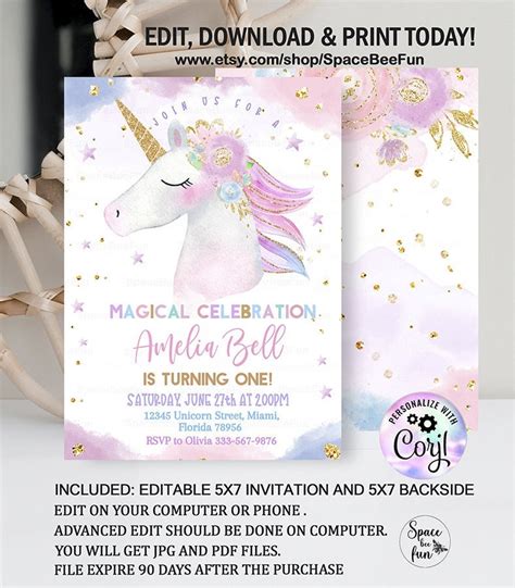 Editable Unicorn Birthday Invitation Unicorn Party Magical Etsy