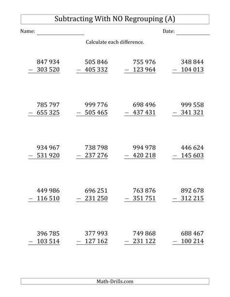 Subtracting 6 Digit From 6 Digit Numbers With No Regrouping 28 Questions Space Separated