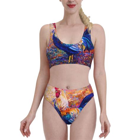 Lukts Women High Waisted Bikini Set Rooster Oil Painting Swimsuit