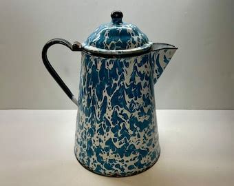 Antique Blue And White Swirl Agate Ware Coffee Pot Enamelware