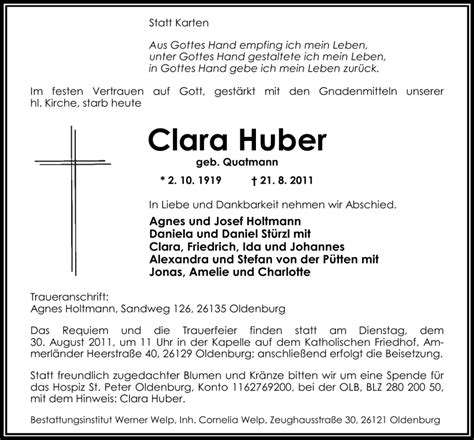 Traueranzeigen Von Clara Huber Nordwest Trauer De