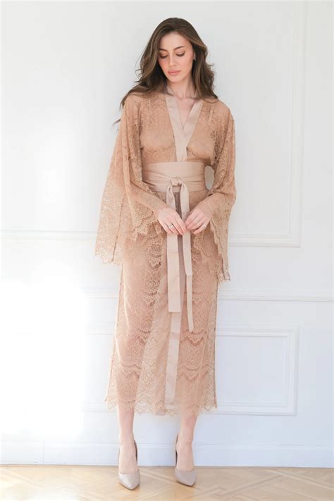 Nude Sheer Dressing Gown With See Through Lace Sexy Robe IDENTITY LINGERIE