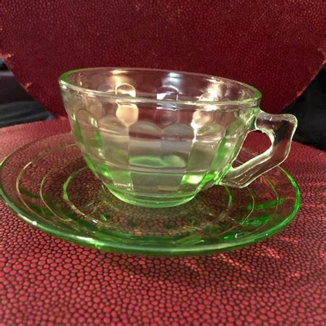 Anchor Hocking Dining Vintage Circa 93s Anchor Hocking Vaseline Glass Block Optic Teacup