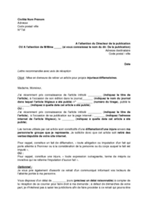 Exemple gratuit de Lettre mise en demeure suite à diffamation ou injure