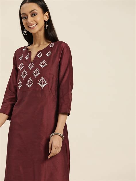 Buy Sangria Women Maroon Ethnic Motifs Yoke Design Regular Kurta With