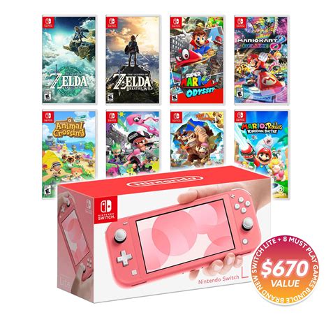 Nintendo Switch Lite Coral Console Bundle with 8 Games: Zelda Breath of ...