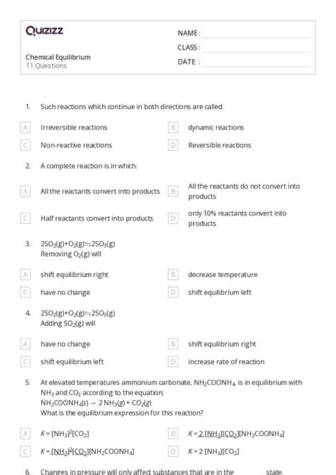 03 Equilibrium Constant Worksheet 1 Answers Sch4u1 Name Et06