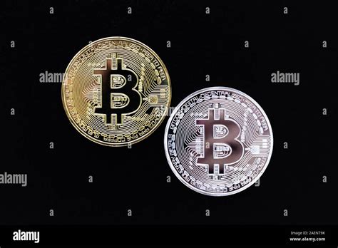 Silver And Gold Bitcoins On Black Background Bitcoin Mining Concept A