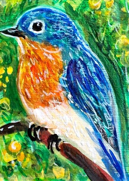 Original Aceo Bird Painting Eastern Bluebird Spring Summer Flower