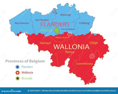 Belgium Map Individual Regions And Provinces With Names Stock Vector