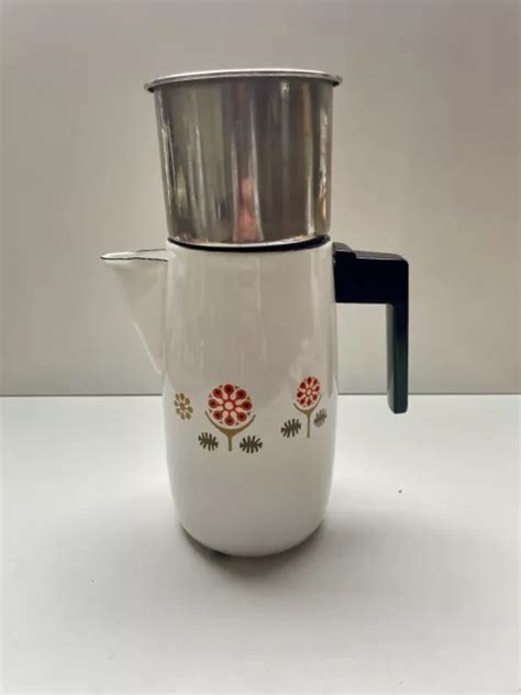 ANCIENNE GRANDE CAFETIÈRE en tôle émaillée décor fleur vintage EUR 15