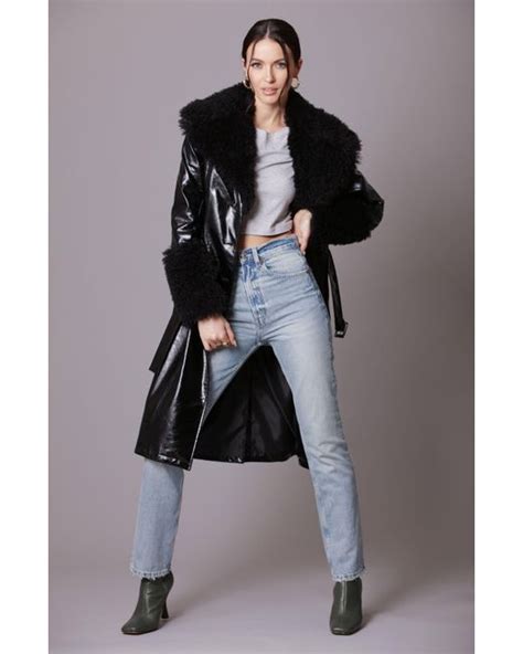 Avec Les Filles Belted Faux Fur Trim Faux Ever Leather Trench Coat In