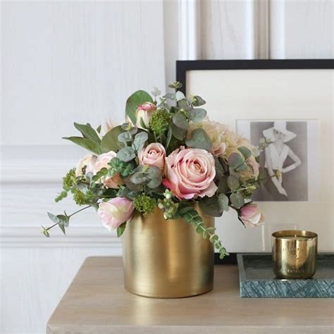 Light Pink Rose Hydrangea Mixed Greenery In Metal Gold Vase Etsy