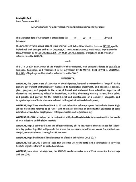 Memorandum Of Agreement For Work Immersion Partnership Pdf