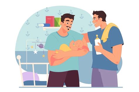 Família homossexual feliz na sala das crianças casal gay pais alimentando e aconchegando um novo