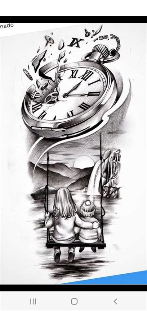 A Drawing Of A Girl Sitting On A Swing In Front Of A Large Clock