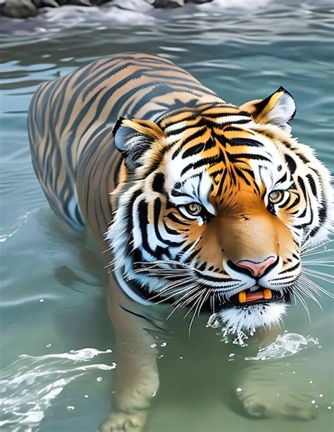 premium ai image tiger swimming   water