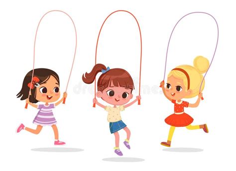 Happy Cute Kids Girls Play Jump Rope Cartoon Illustration Of Children