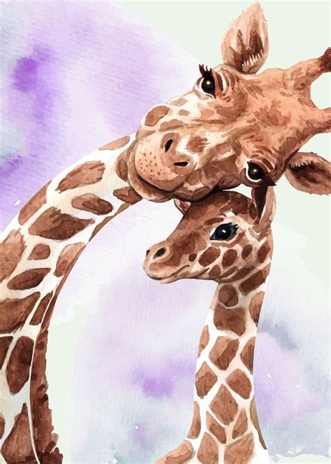 Cute Giraffe Mom And Baby Poster Picture Metal Print Paint By