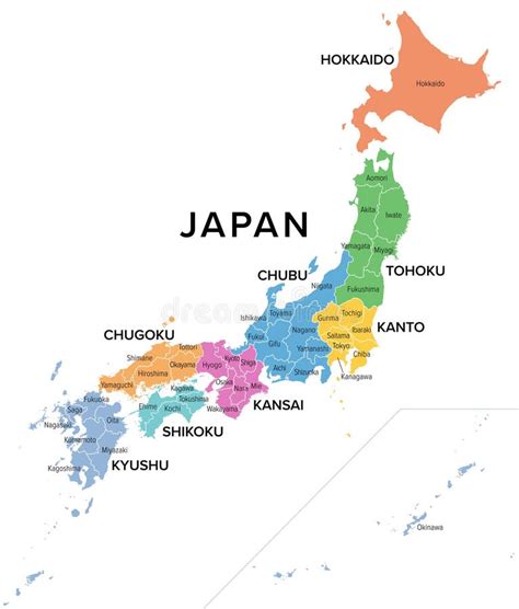 Regiones De Japón Divididas En 47 Prefecturas Mapa Político Multicolor