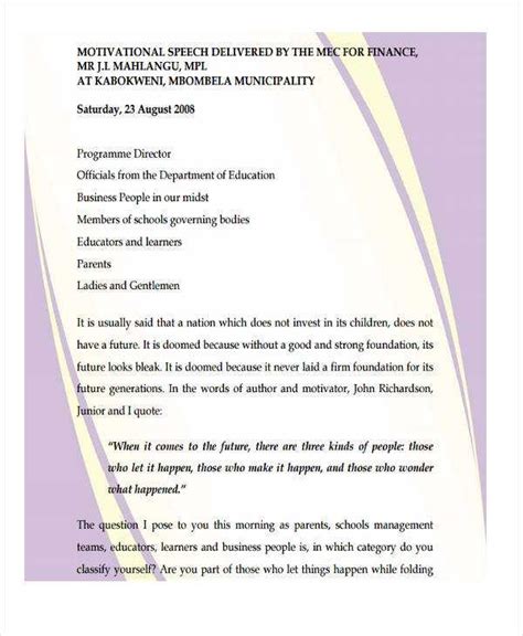 Motivational Speeches For Students Sample In Pdf Doc Motivation