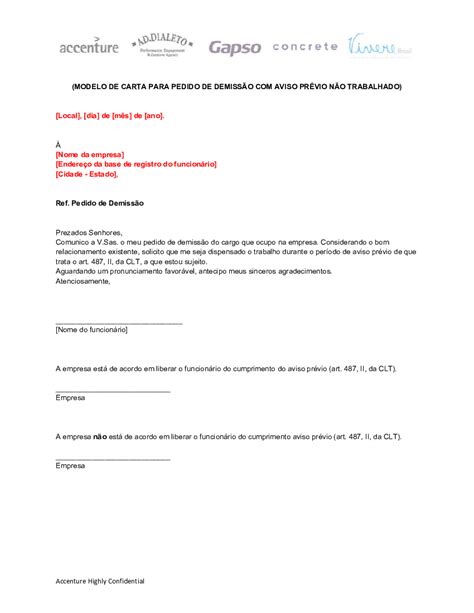 Carta Para Pedido De Demiss O Aviso Pr Vio N O Trabalhado Baixar