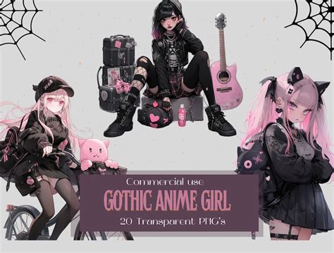 Gothic Anime Girl Clipart Bundle Sitting Pose 20 Transparent Background ...