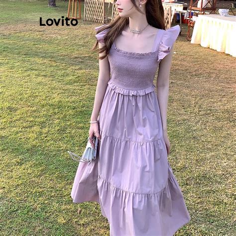 Lovito Women Romantic Plain Smocked Bow Back Dress Lnl Shopee