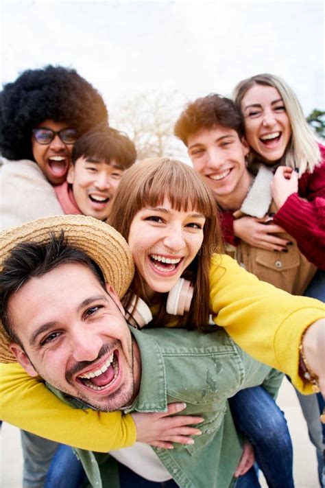 Big Group Of Cheerful Young Friends Taking Selfie Portrait Happy