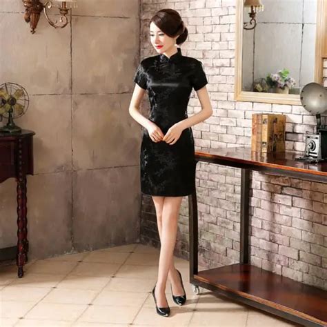 High Fashion Black Chinese Lady Satin Cheongsam Summer New Short Qipao