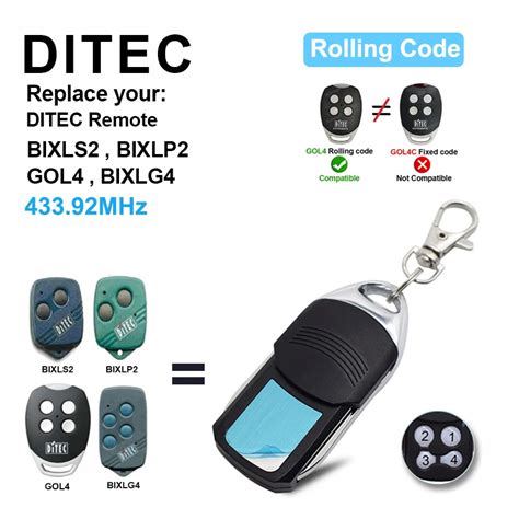 DITEC Garage Door Remote Control 433MHz Rolling Code For GOL4 BIXLG4