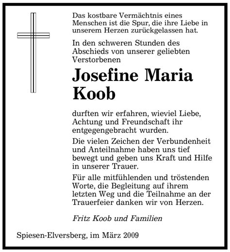 Traueranzeigen Von Josefine Maria Koob Saarbruecker Zeitung Trauer De