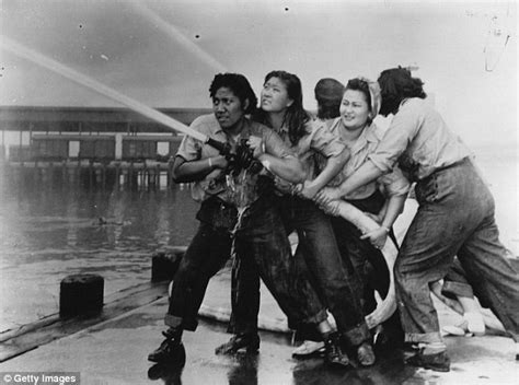 Pearl Harbor Photograph Of Four Female Firefighters Tackling Blaze