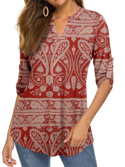 Amoretu Women S Flowy Paisley Tunic Tops 3 4 Sleeves Shirt V Neck