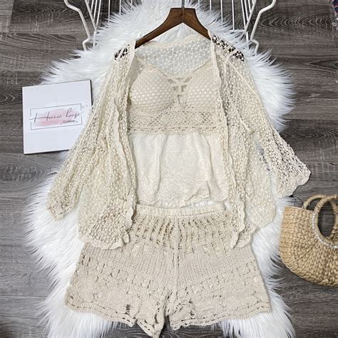 Hh45 Lace Beach Bikini Set 3 Piece M Boy Fabric Bra Beaded Cape Beautiful Thick 2 Layer