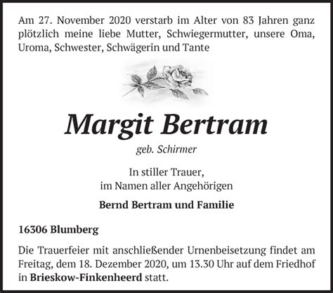 Traueranzeigen von Margit Bertram Märkische Onlinezeitung Trauerportal