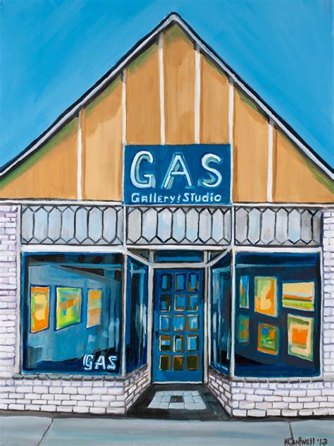 An Oil Painting Of A Store Front With Blue And Yellow Windows On The