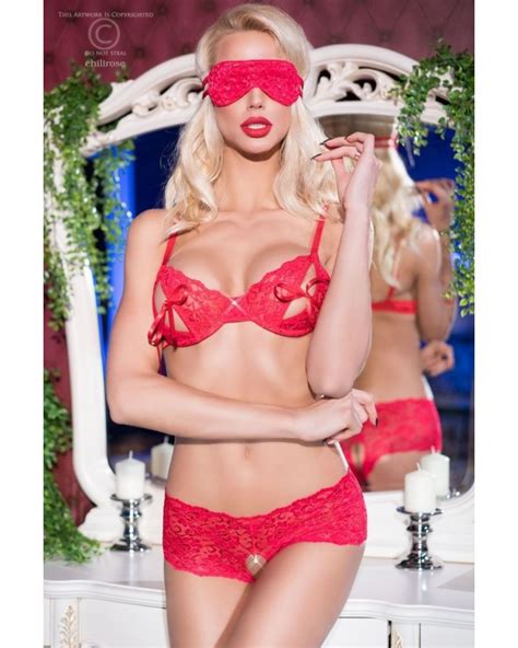 Chilirose Lingerie Completino In Pizzo Rosso Con Aperture Sexy E Benda